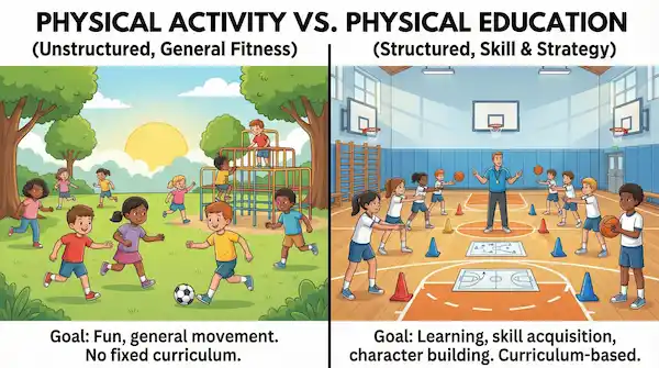 A side-by-side 2D infographic showing the difference between unstructured physical activity (fun movement) and structured physical education (skill-based learning)
