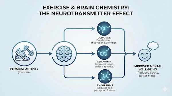 A professional 2D infographic showing the scientific flow from physical activity to the brain, illustrating the release of dopamine, serotonin, and endorphins for mental health