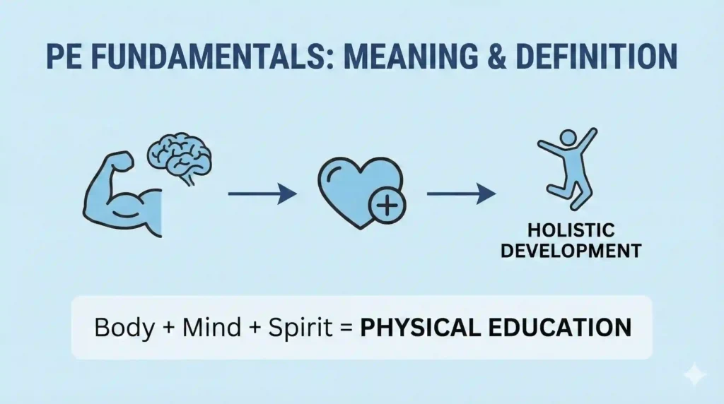 A clean infographic illustrating that Physical Education is the combination of Body, Mind, and Spirit for holistic development