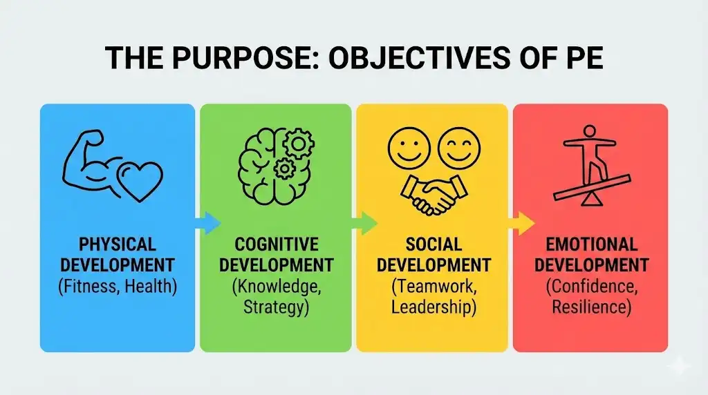 Infographic displaying the four primary objectives of Physical Education: Physical, Cognitive, Social, and Emotional development