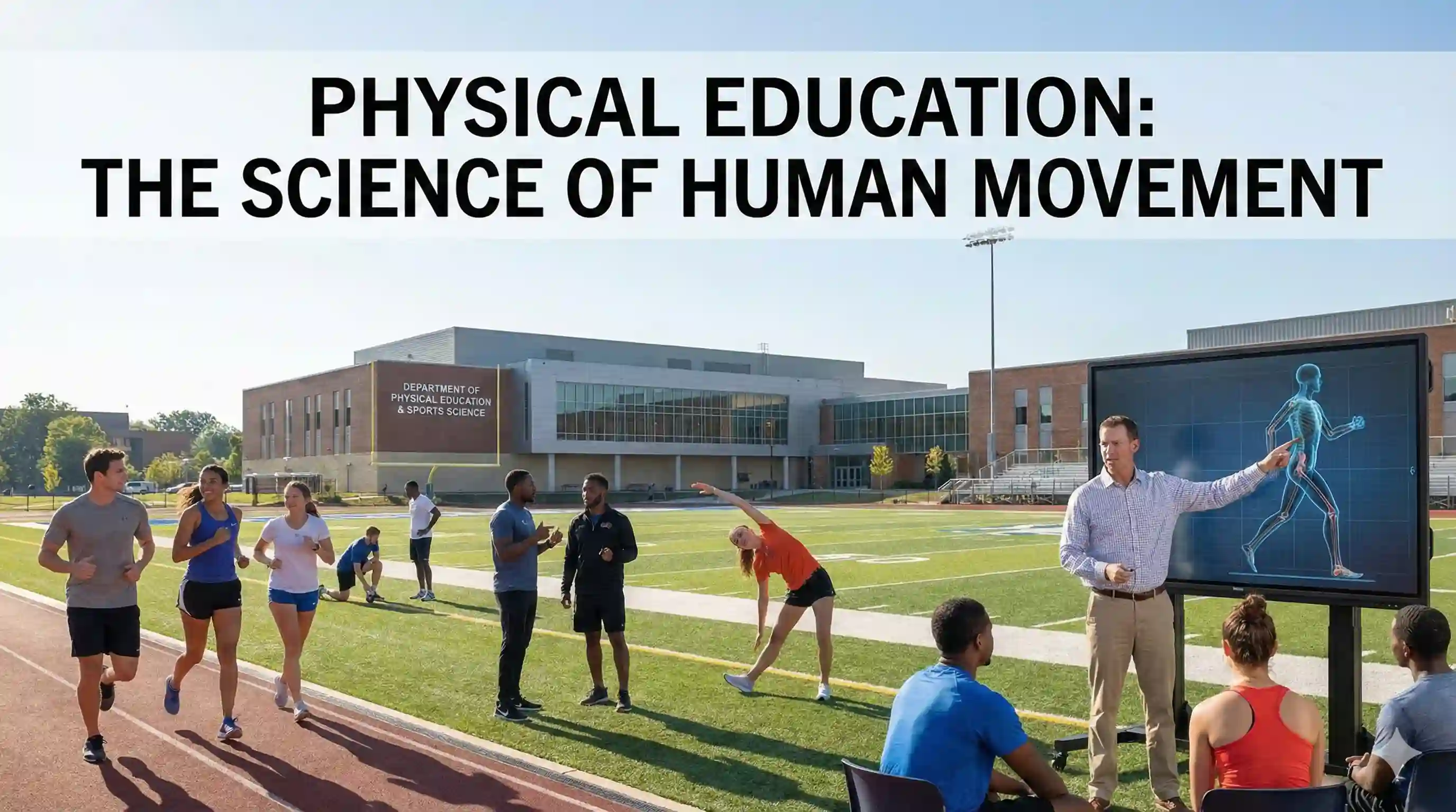 A professional physical education teacher explaining human movement science to athletes on a sports field using a digital screen
