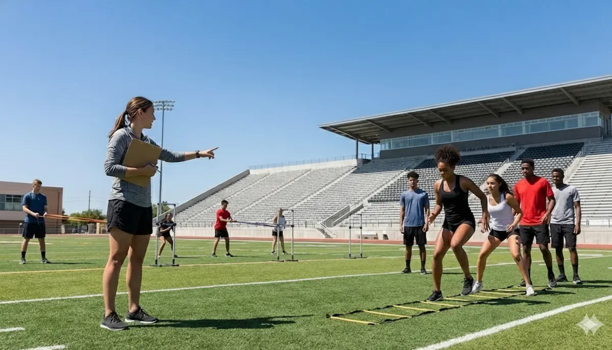 A female sports coach instructing a group of young athletes performing agility ladder drills on an outdoor football field under a clear blue sky.