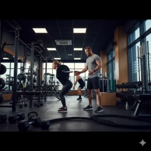 A professional male fitness trainer correcting a female athlete's form during a barbell squat in a modern gym with dynamic lighting.