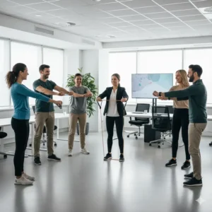 A professional wellness consultant leading office employees in light resistance band exercises within a modern corporate workspace.