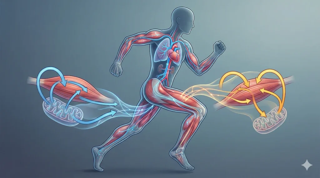 Illustration explaining exercise physiology, muscle contraction, energy systems, and cardiovascular function during running