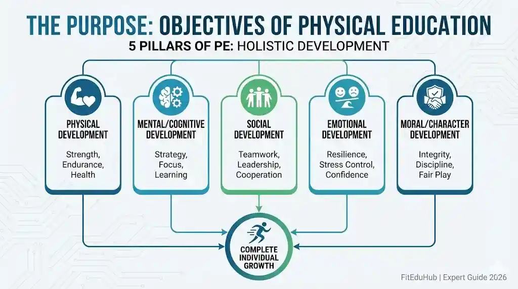 A FitEduHub infographic titled 'The Purpose: Objectives of Physical Education', illustrating the 5 pillars of holistic development: Physical, Mental/Cognitive, Social, Emotional, and Moral/Character development leading to complete individual growth.