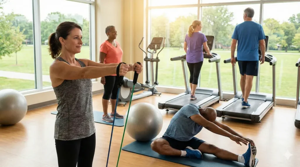 Adults engaging in physical activity to maintain muscle strength and long-term health
