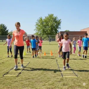A female physical education teacher demonstrating agility ladder drills to elementary students on a grassy school playground.
