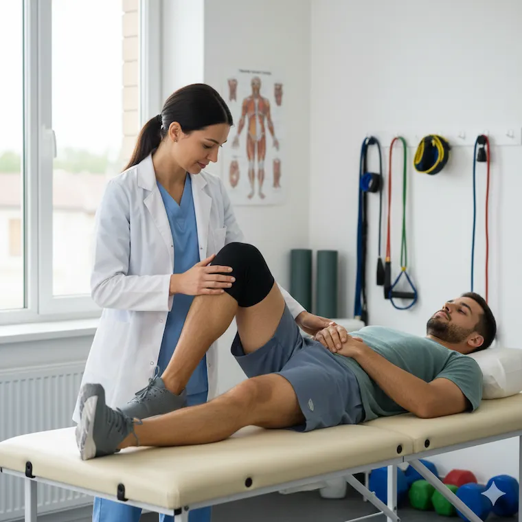 A female physiotherapist in a white coat guiding a male athlete through a knee recovery exercise on a medical treatment table in a clean clinic.