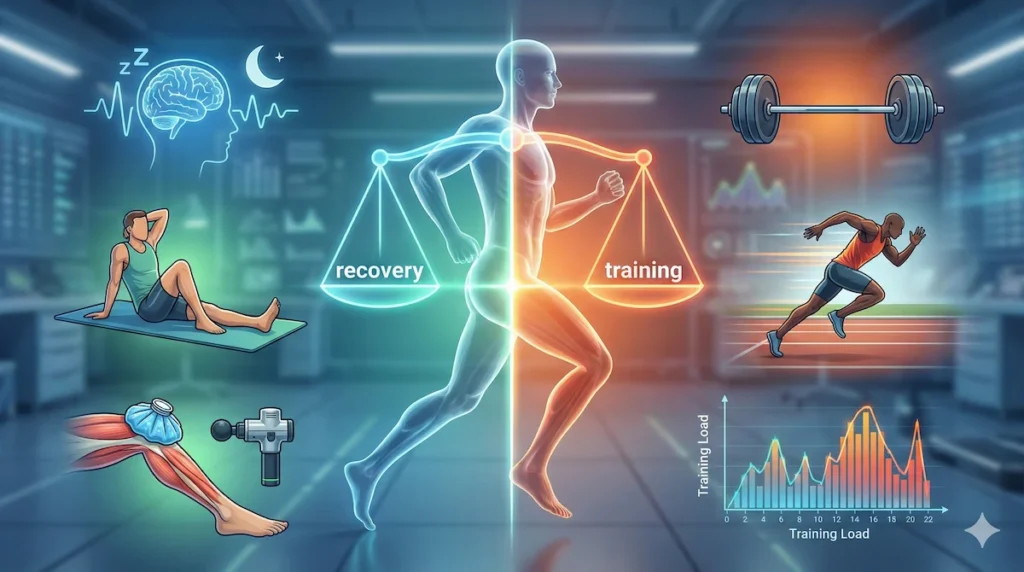 A modern sports science infographic illustrating athlete recovery and training balance, featuring icons for sleep, muscle repair, load management, and active rest surrounding a relaxed athlete
