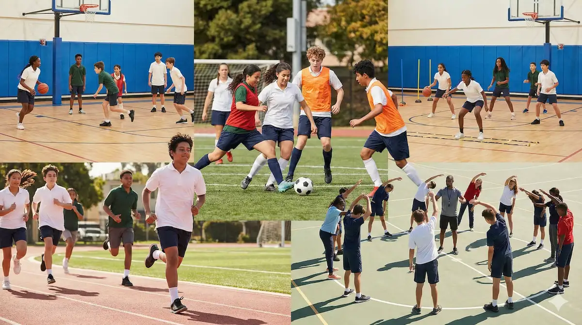Students participating in physical education activities representing the purpose and objectives of physical education