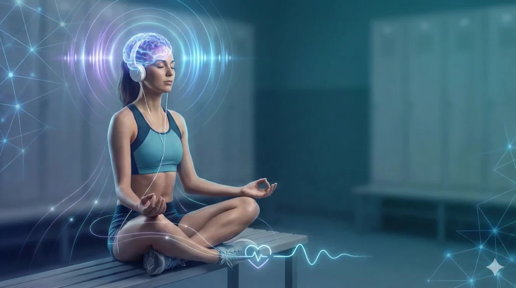 A professional sports science illustration showing a female athlete meditating with a glowing digital brain visualization, representing mental focus and sports psychology before competition