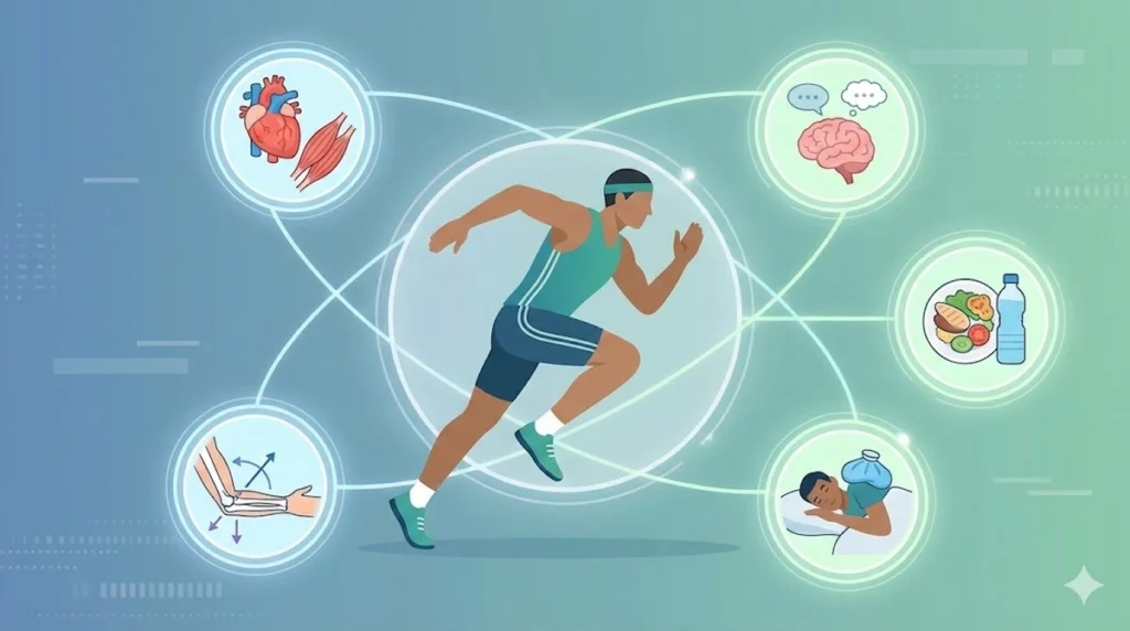 Illustration showing sports science components including physiology, biomechanics, nutrition, recovery, and mental performance in an athlete