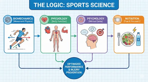 A professional illustration showing the intersection of sports and science, featuring human anatomy, biomechanical analysis, and tactical data on a sports field