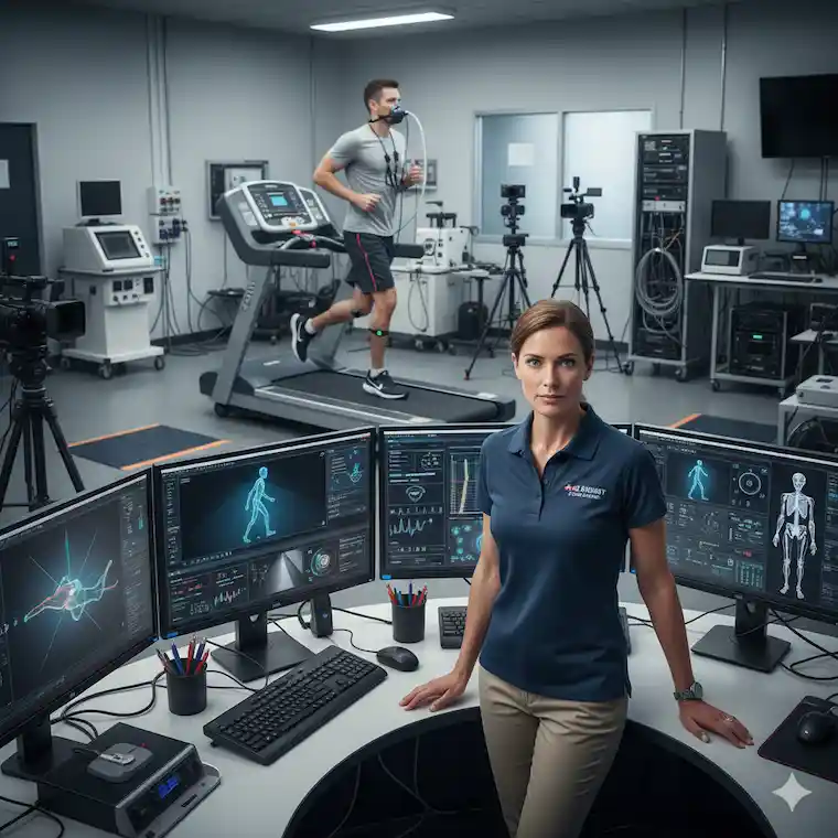 A female sports scientist monitoring an athlete's biomechanics and heart rate data on multiple screens while the athlete runs on a treadmill in a high-tech lab.