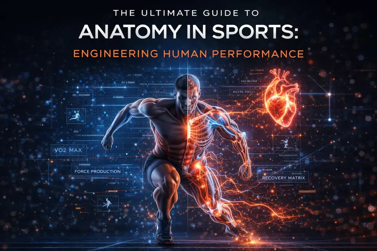 A dynamic split visualization of an athlete showing both physical form and glowing internal anatomy, representing the ultimate guide to anatomy in sports and human performance engineering.