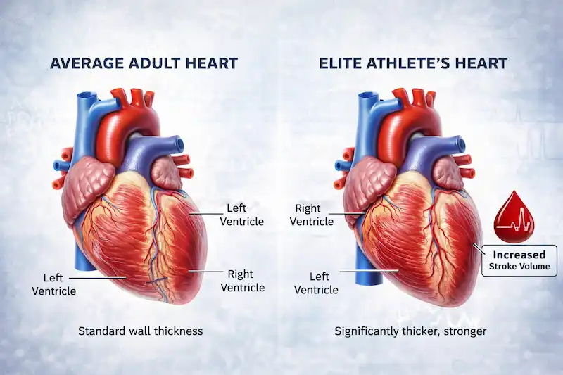 Anatomical comparison between an average adult heart and an elite athlete's heart, showing thicker ventricular walls and increased stroke volume.