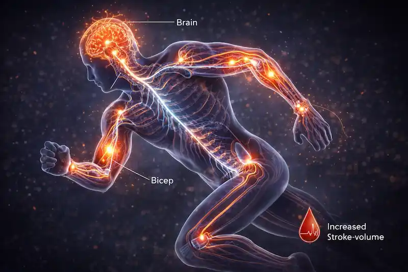 Photorealistic illustration of a running athlete showing glowing neural pathways connecting the brain to the muscles, representing the central nervous system.