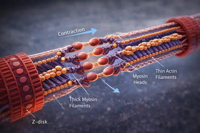 High-resolution microscopic 3D diagram of a sarcomere showing thick myosin heads pulling thin actin filaments during muscle contraction.