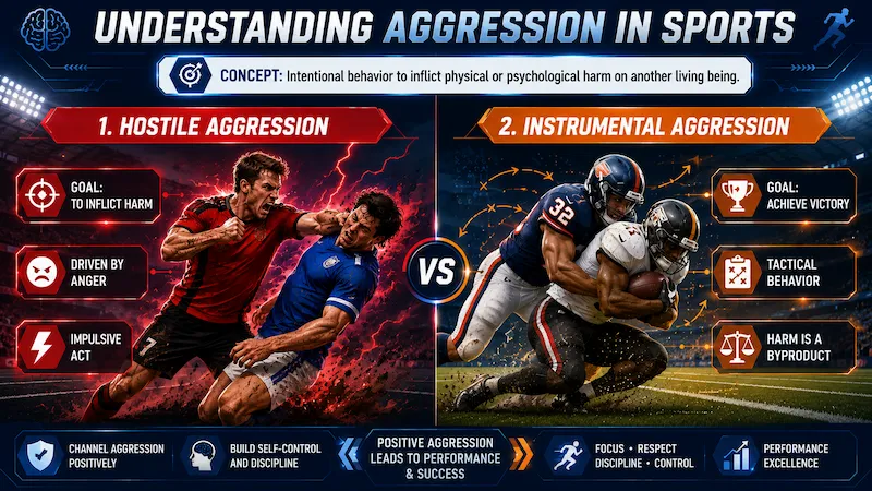 Educational infographic explaining aggression in sports, comparing Hostile Aggression and Instrumental Aggression with examples, goals, and characteristics in sports psychology.