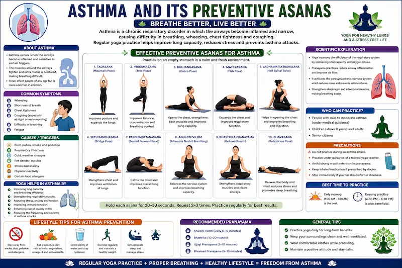 Asthma and Its Preventive Asanas infographic illustrating yoga poses for asthma management, including Tadasana, Vrikshasana, Bhujangasana, Matsyasana, Ardha Matsyendrasana, Setu Bandhasana, Paschimottanasana, Anulom Vilom Pranayama, Bhastrika Pranayama, and Shavasana, along with symptoms, causes, benefits, breathing exercises, precautions, and lifestyle tips for CBSE Class 12 Physical Education.