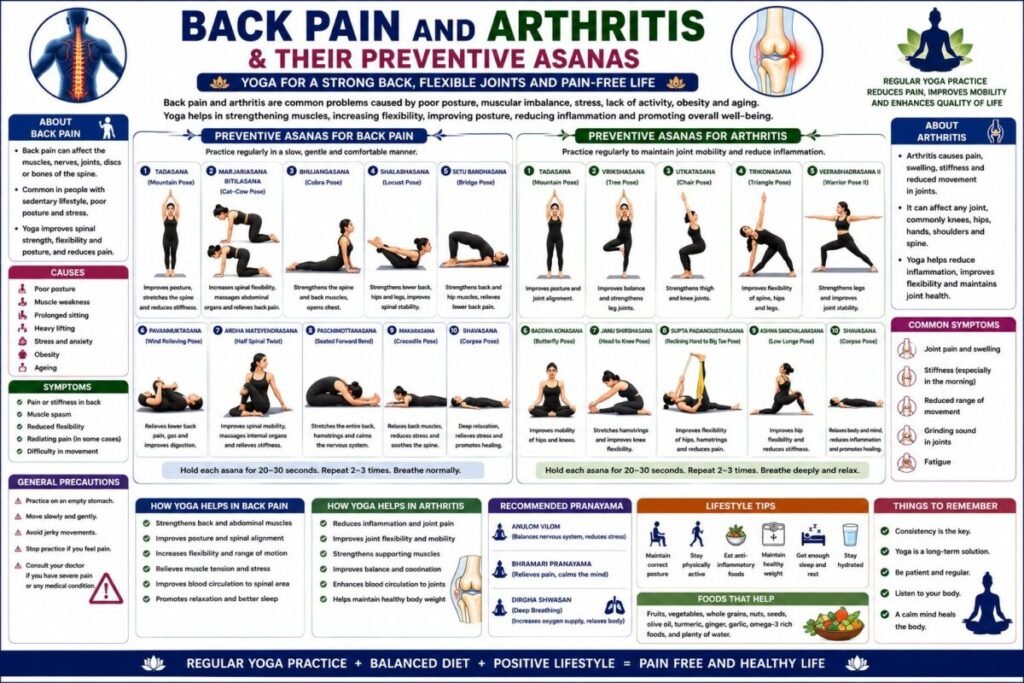 Back Pain and Arthritis & Their Preventive Asanas infographic illustrating yoga poses for back pain and arthritis management, including Tadasana, Marjariasana (Cat-Cow Pose), Bhujangasana, Shalabhasana, Setu Bandhasana, Pawanmuktasana, Ardha Matsyendrasana, Paschimottanasana, Makarasana, Shavasana, Vrikshasana, Utkatasana, Trikonasana, Veerabhadrasana II, Baddha Konasana, Janu Shirshasana, Supta Padangusthasana, and Ashwa Sanchalanasana, along with causes, symptoms, benefits, precautions, pranayama, and lifestyle tips for CBSE Class 12 Physical Education.