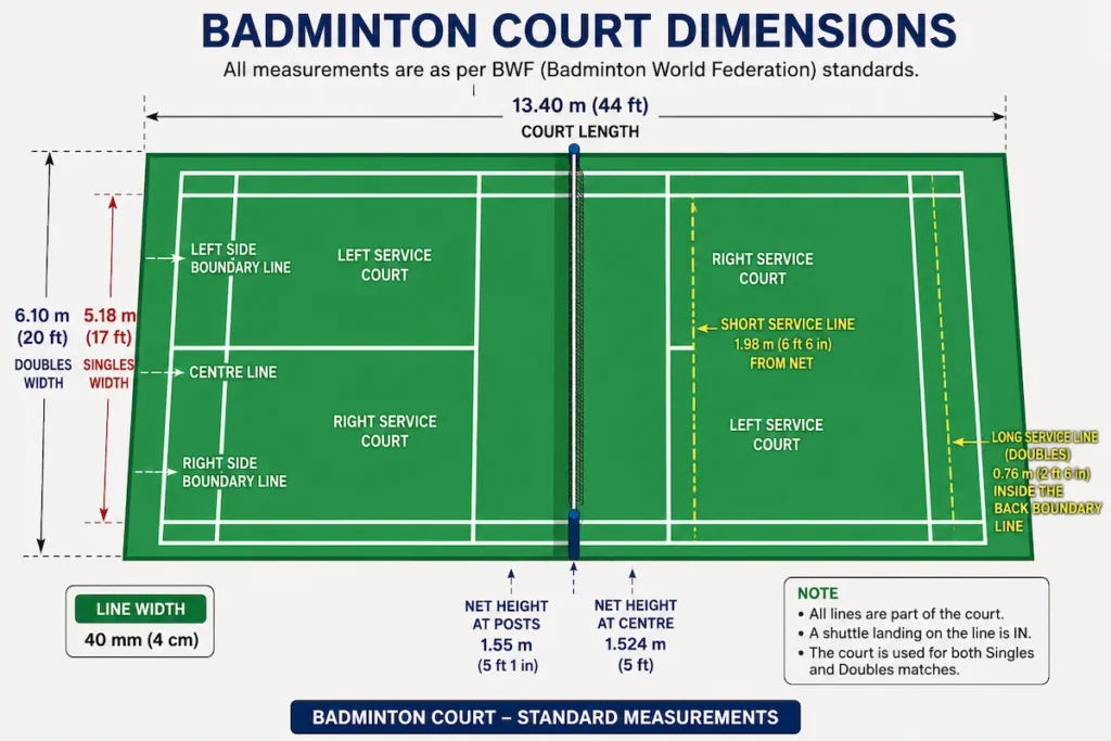 Badminton court dimensions diagram showing BWF standard measurements including court length, singles and doubles width, net height, service lines, and boundary markings