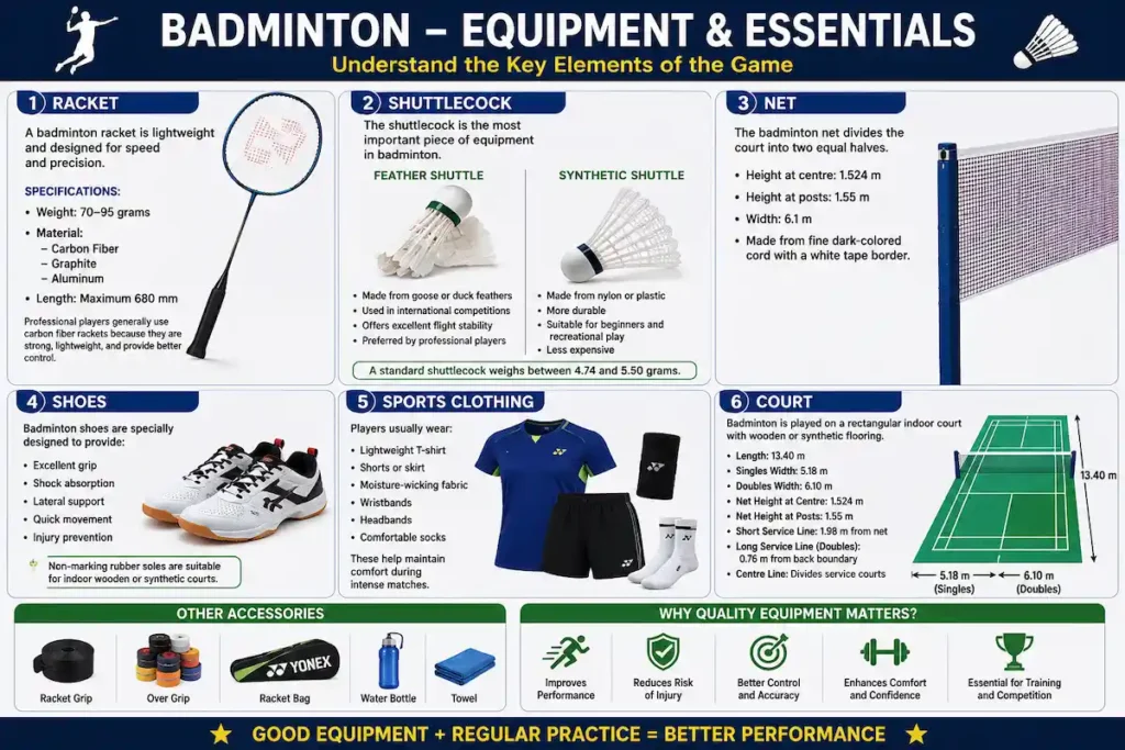 Educational badminton equipment infographic showing a badminton racket, shuttlecock, net, court, shoes, sports clothing, and accessories with official specifications.