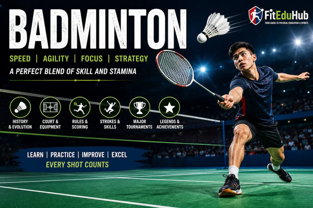 Badminton featured image showing a player performing a powerful smash with a racket and shuttlecock on an indoor badminton court, representing the complete guide to badminton history, rules, equipment, skills, and major tournaments.