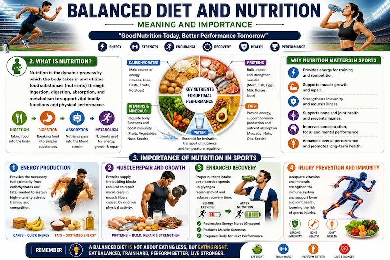 Balanced Diet and Nutrition infographic illustrating the meaning of nutrition, essential nutrients including carbohydrates, proteins, fats, vitamins, minerals, and water, along with the importance of nutrition in sports for energy production, muscle repair, recovery, and injury prevention.