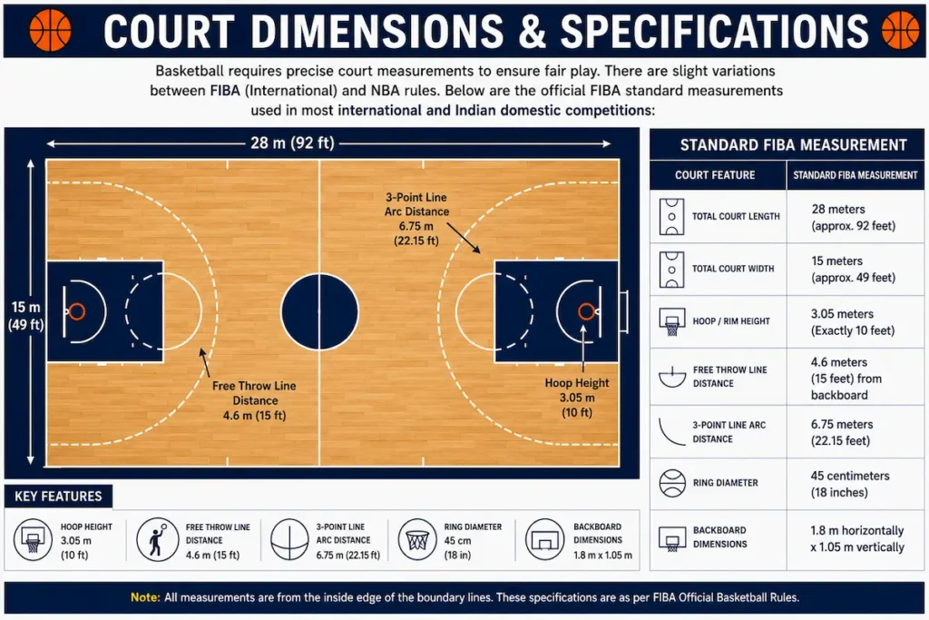 Official FIBA basketball court dimensions infographic showing court length, court width, hoop height, free throw line, three-point line, backboard size, and ring diameter with a labeled court layout.