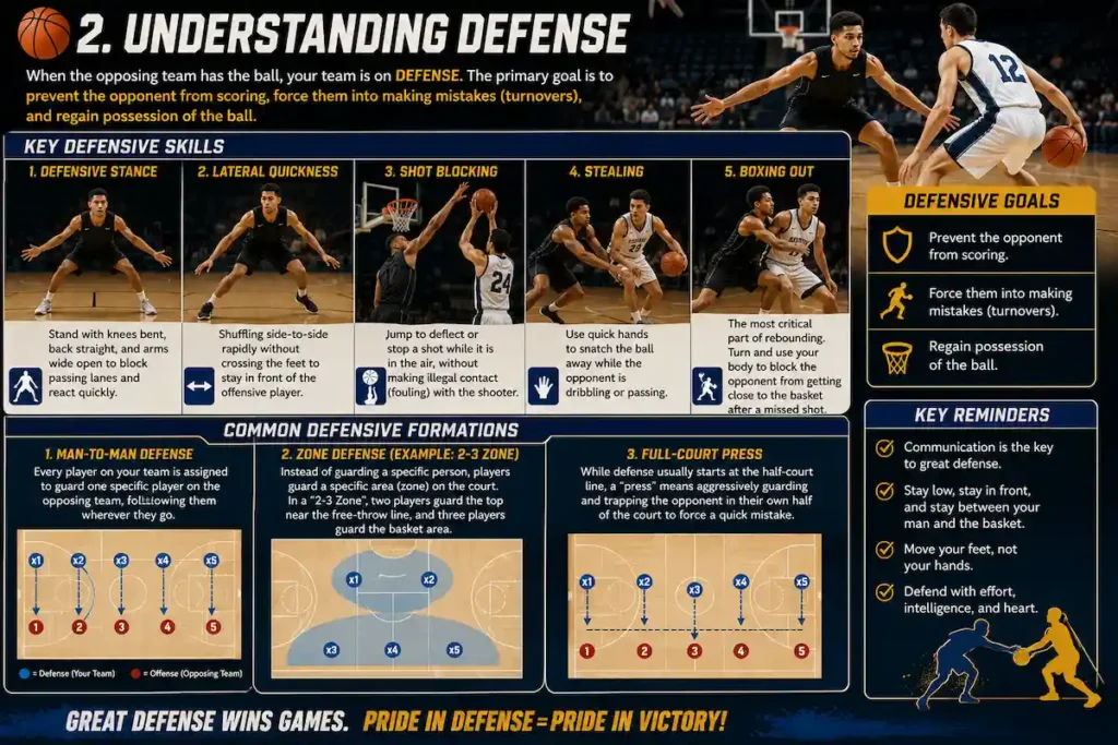 Educational basketball defense infographic explaining defensive stance, lateral quickness, shot blocking, stealing, boxing out, man-to-man defense, zone defense, and full-court press with detailed illustrations.