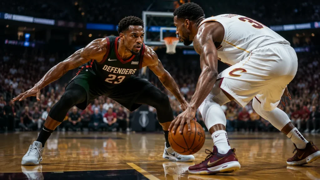 Elite basketball defender in a perfect low defensive stance guarding an offensive ball-handler during an intense one-on-one game inside a professional indoor arena.