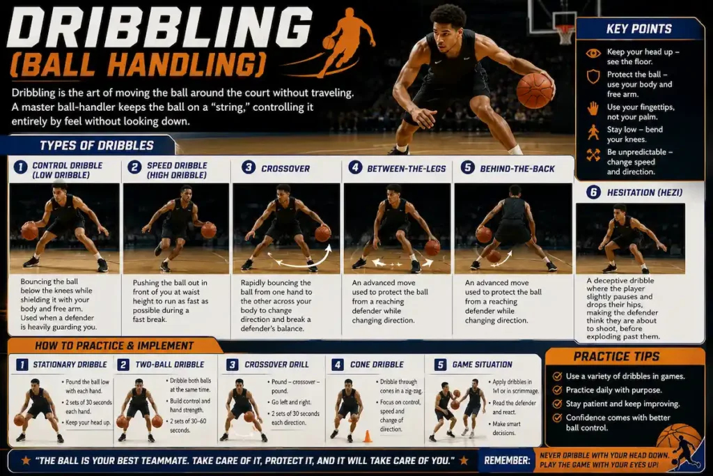 Educational basketball dribbling infographic demonstrating control dribble, speed dribble, crossover, between-the-legs, behind-the-back, hesitation dribble, and basketball ball-handling practice drills.