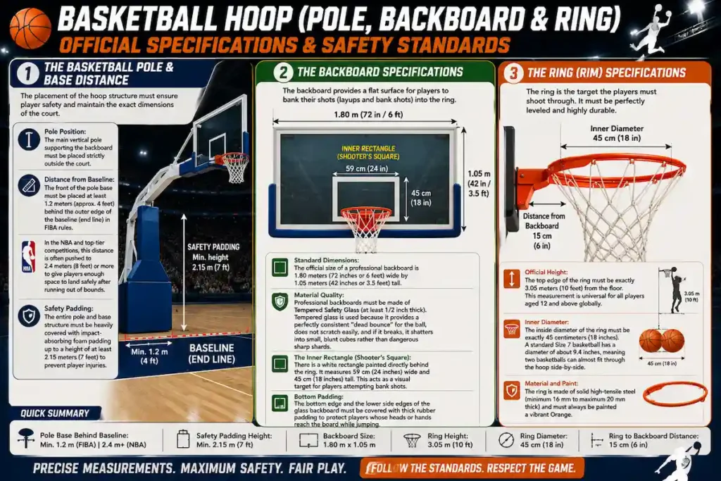 Educational basketball infographic showing official basketball hoop, pole, backboard, and rim specifications, including pole base distance, safety padding, backboard dimensions, ring height, rim diameter, and FIBA/NBA standards.