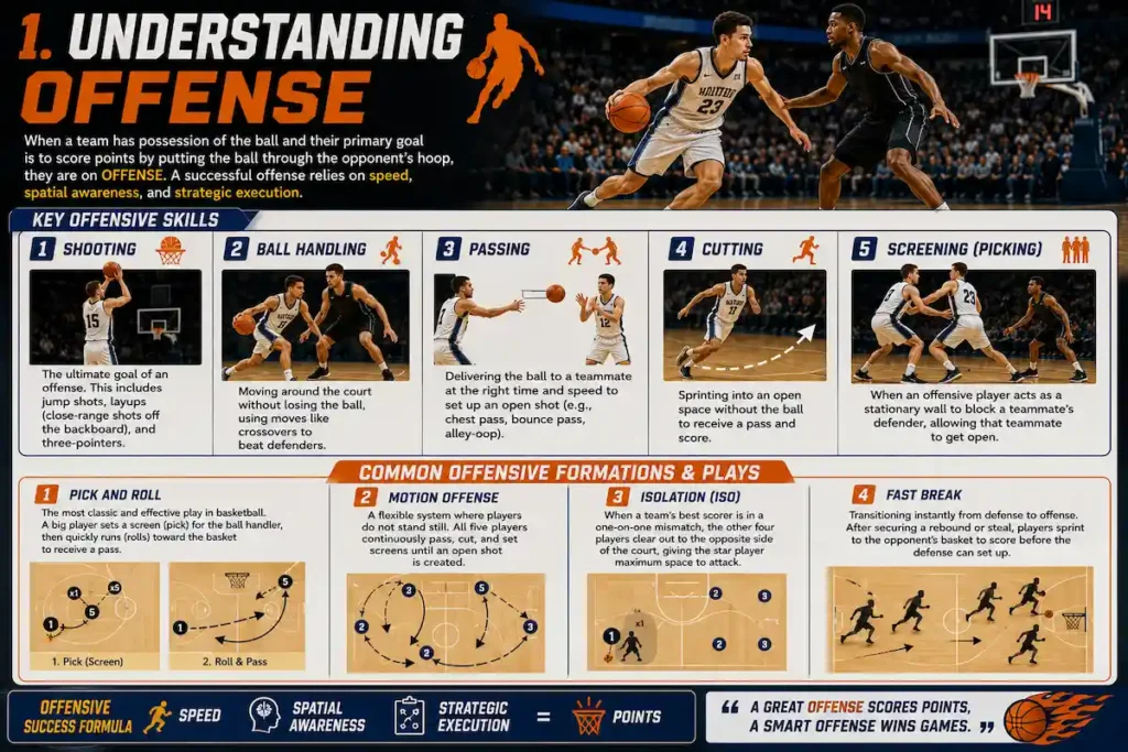 Educational basketball offense infographic explaining shooting, ball handling, passing, cutting, screening, pick and roll, motion offense, isolation play, and fast break with detailed illustrations.