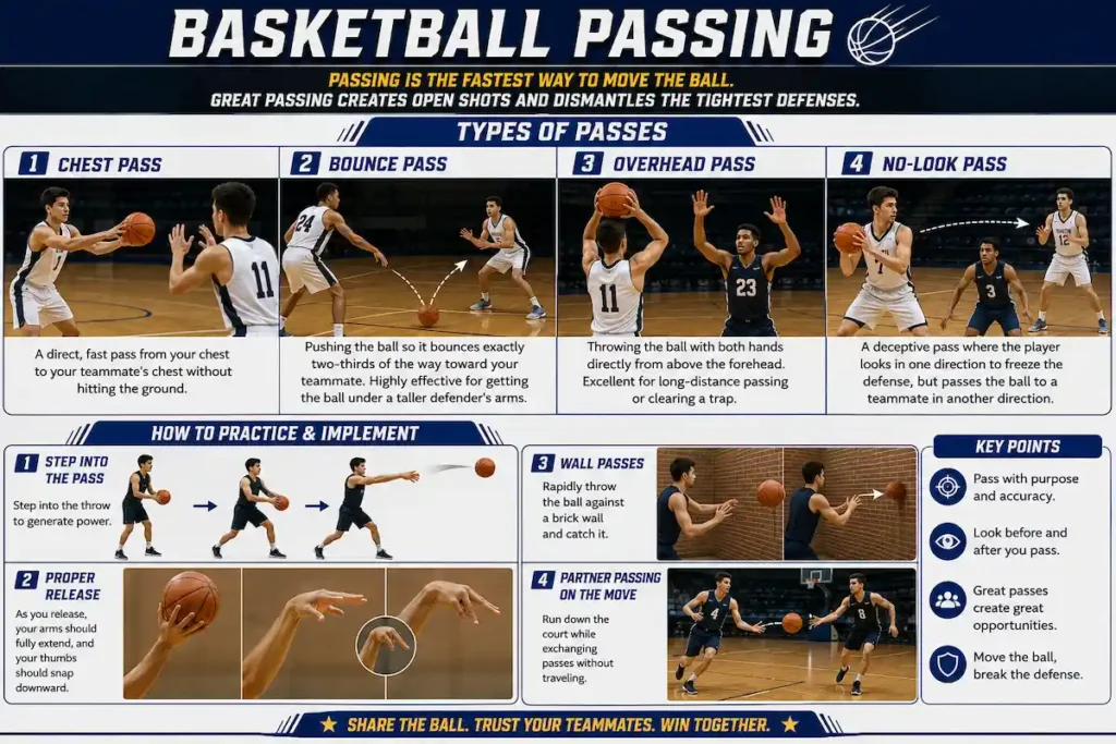 Educational basketball passing infographic illustrating chest pass, bounce pass, overhead pass, no-look pass, passing mechanics, and basketball passing practice drills with detailed visual demonstrations.