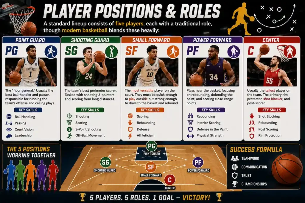 Educational basketball infographic illustrating the five player positions—Point Guard (PG), Shooting Guard (SG), Small Forward (SF), Power Forward (PF), and Center (C)—with their roles, responsibilities, key skills, and court positioning.