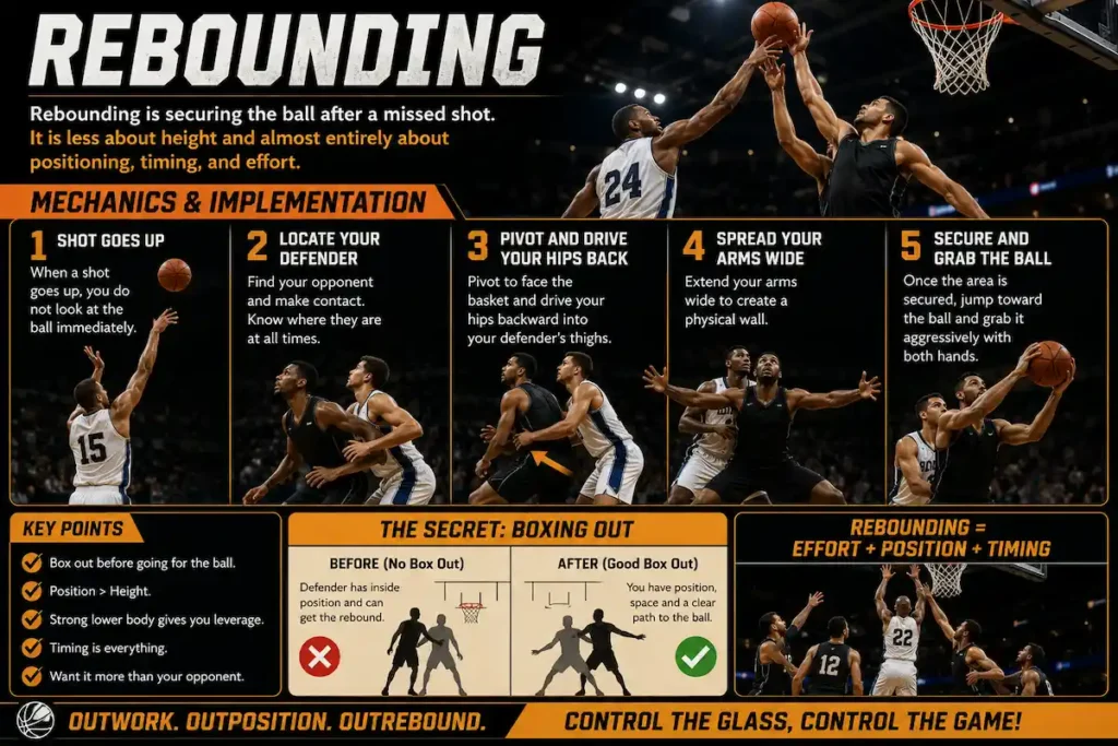 Educational basketball rebounding infographic demonstrating proper box out technique, positioning, timing, securing the rebound, and basketball rebounding practice with step-by-step illustrations.