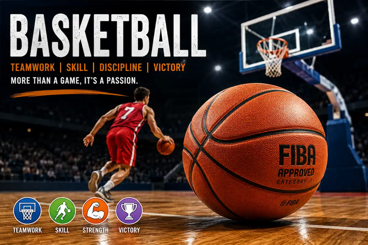 Basketball featured image showing a player dribbling on an indoor court with a basketball, hoop, and backboard representing the complete guide to basketball rules, history, court dimensions, skills, and gameplay.
