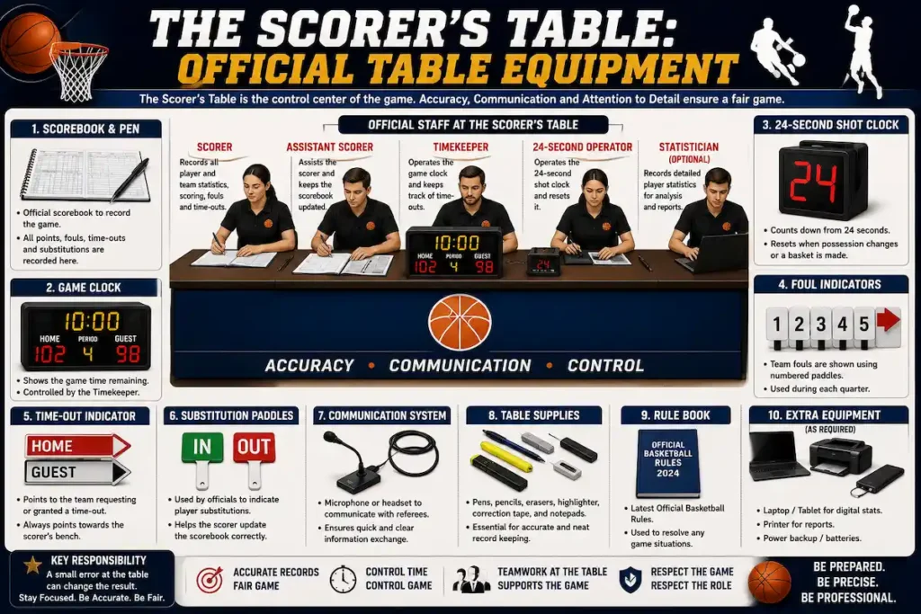 Educational basketball infographic showing the official scorer's table equipment, including scorebook, game clock, shot clock, foul indicators, timeout indicators, substitution paddles, communication system, rule book, and scorer table staff.