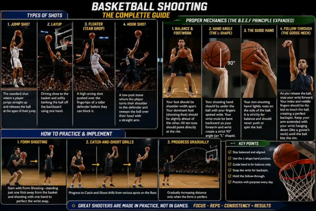 Educational basketball shooting infographic explaining jump shot, layup, floater, hook shot, B.E.E.F. shooting mechanics, follow-through technique, and basketball shooting practice drills with illustrations.