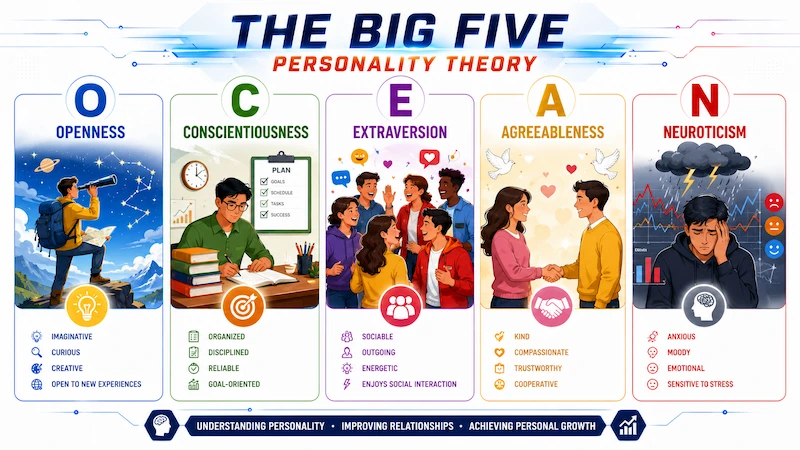 Educational infographic illustrating the Big Five Personality Theory (OCEAN) with the five personality traits: Openness, Conscientiousness, Extraversion, Agreeableness, and Neuroticism using colorful vector icons and modern educational design.