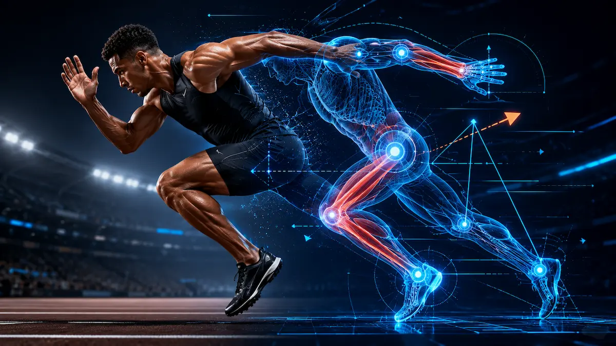 Featured image illustrating biomechanics in sports with a sprinter transitioning into a futuristic wireframe showing muscles, joints, force vectors, motion analysis, and biomechanics principles.
