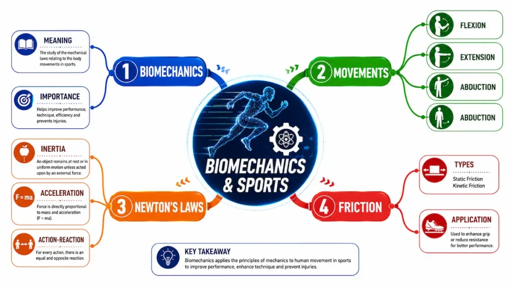 Educational mind map infographic illustrating the Biomechanics and Sports chapter with four main branches: Biomechanics, Movements, Newton's Laws, and Friction, including Meaning, Importance, Flexion, Extension, Abduction, Adduction, Inertia, Acceleration, Action-Reaction, Types, and Applications.