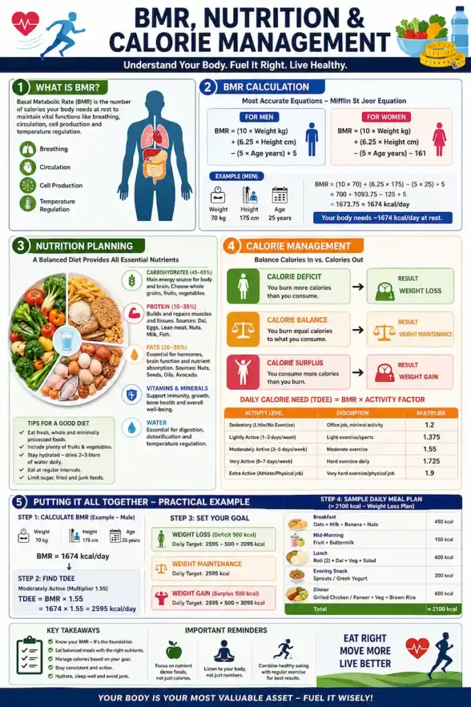 BMR (Basal Metabolic Rate) infographic illustrating BMR calculation, daily calorie requirements, nutrition planning, macronutrient distribution, calorie deficit, calorie surplus, and healthy weight management.