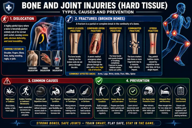 Bone and joint (hard tissue) sports injuries infographic illustrating dislocation, simple fracture, compound fracture, greenstick fracture, comminuted fracture, stress fracture, along with common causes and injury prevention methods.