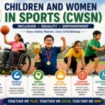 Children and Women in Sports (CWSN) feature image showing inclusive sports participation by children with special needs, including wheelchair athletes and para-athletes, highlighting inclusive education, adaptive sports, equality, empowerment, and physical education for CBSE Class 12.