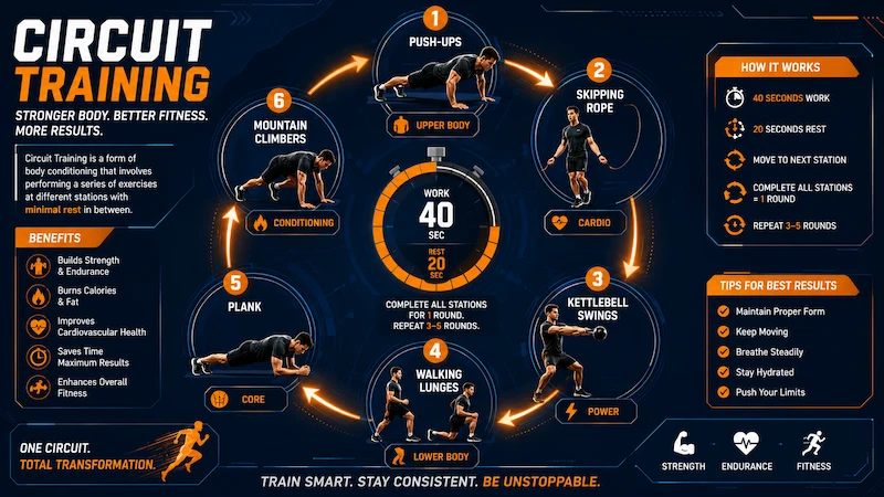 Circuit training infographic showing six exercise stations including push-ups, skipping rope, kettlebell swings, walking lunges, planks, and mountain climbers connected in a circular workout with a central stopwatch for timed intervals.