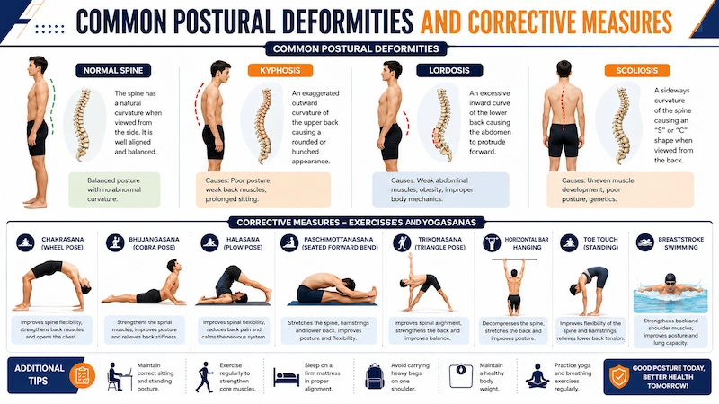 Common postural deformities infographic showing normal spine, kyphosis, lordosis, scoliosis, and corrective exercises with yoga poses and stretching techniques.